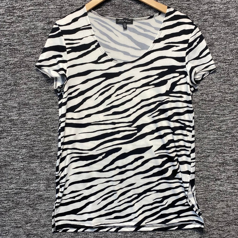 Slinky Brand Top Womens Medium Zebra Animal Print Short Sleeve Scoop Neck USA